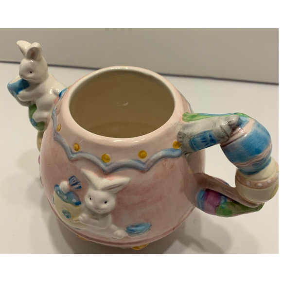 Easter Egg Ceramic Pink Teapot Bunnies and Bluebird - Picture 6 of 9